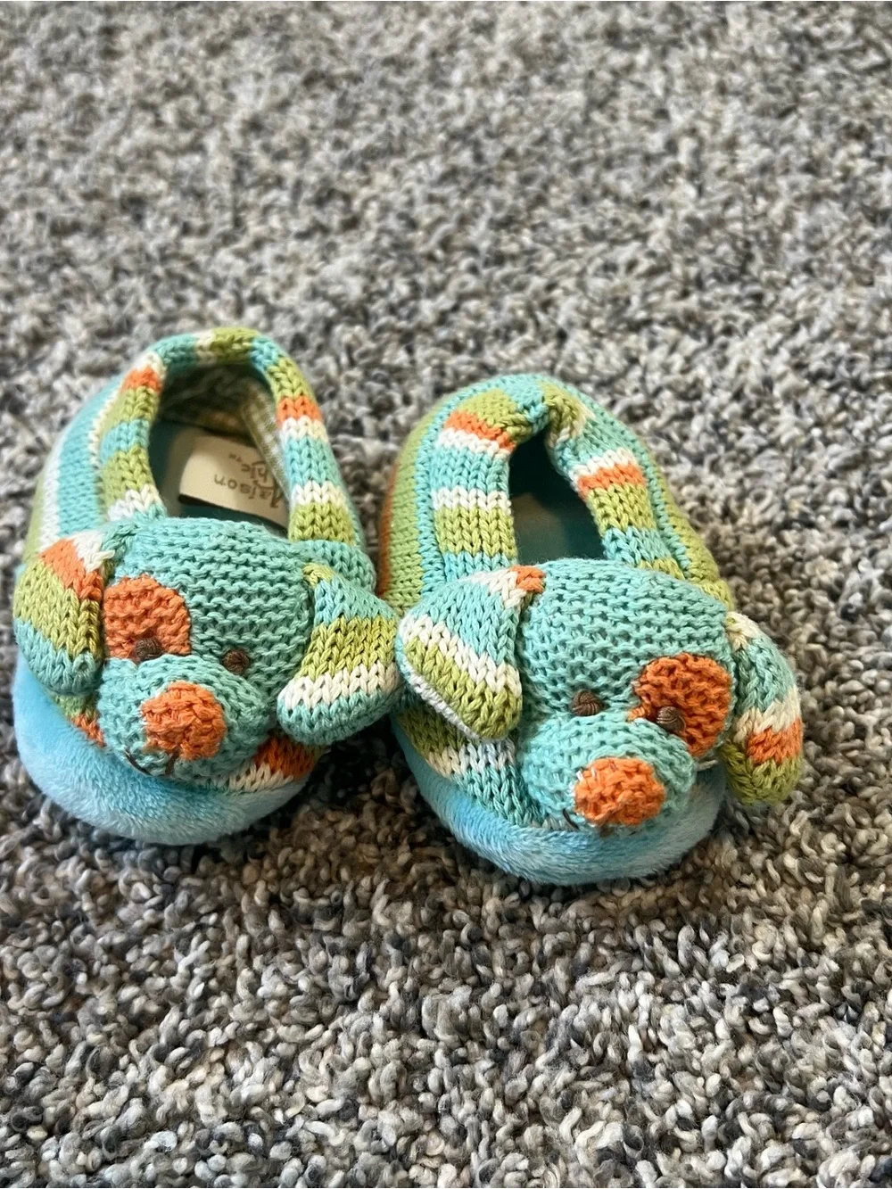Baby Knit Puppy Slippers - Aqua and Orange